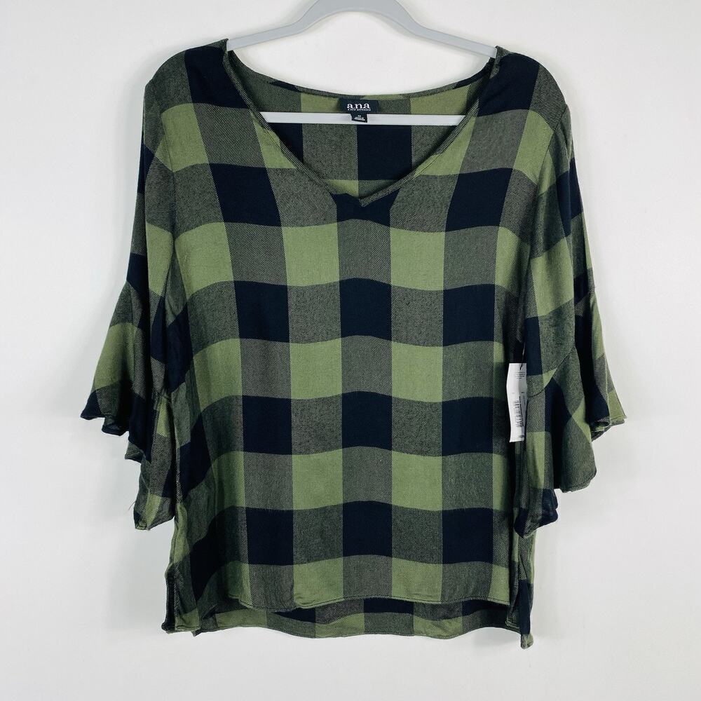 A.N.A A New Approach Size Medium Plaid Ruffle Sleeve V-Neck Top Green